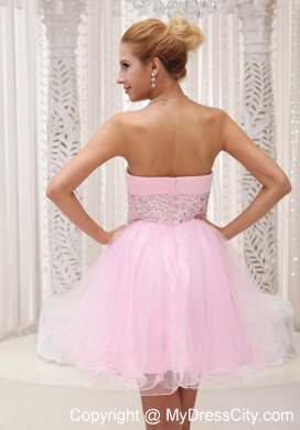 Baby Pink Strapless Beaded Organza Layered Mini-length Cocktail Dress