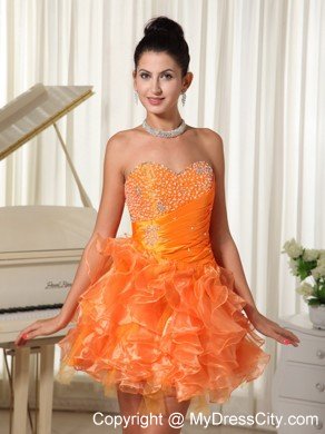 Mini-length Sweetheart Orange Cocktail Dress with Beading and Ruffles