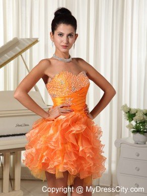 Mini-length Sweetheart Orange Cocktail Dress with Beading and Ruffles