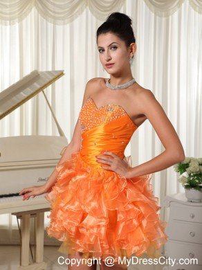 Mini-length Sweetheart Orange Cocktail Dress with Beading and Ruffles