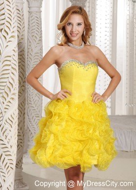 Yellow Sweetheart Beaded Ruffles Zipper Up Back Short Cocktail Dress