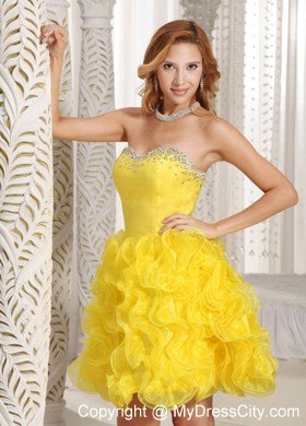 Yellow Sweetheart Beaded Ruffles Zipper Up Back Short Cocktail Dress