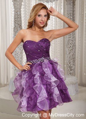 Ruffles Beaded Sweetheart Eggplant Purple Short Prom Cocktail Dress