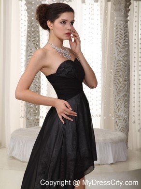 High-low Ruched Sweetheart Black Chiffon and White Lace Cocktail Dress