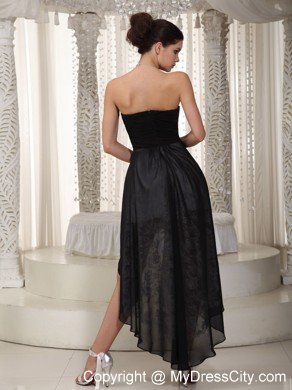 High-low Ruched Sweetheart Black Chiffon and White Lace Cocktail Dress