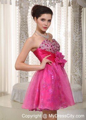 Hot Pink Handmade Flower Sweetheart Sequin Organza Prom Cocktail Dress