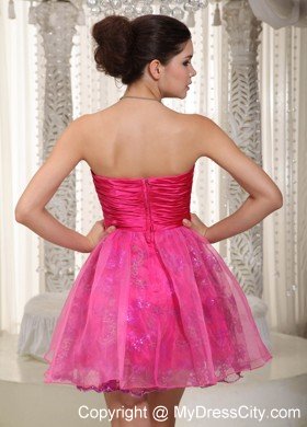 Hot Pink Handmade Flower Sweetheart Sequin Organza Prom Cocktail Dress