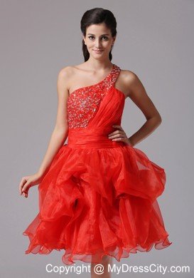 Pick-ups One Shoulder Beaded Organza Prom Cutout Back Cocktail Dress