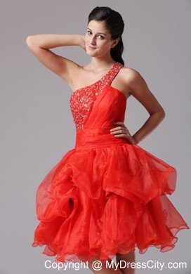 Pick-ups One Shoulder Beaded Organza Prom Cutout Back Cocktail Dress