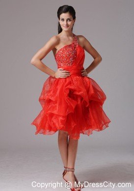 Pick-ups One Shoulder Beaded Organza Prom Cutout Back Cocktail Dress