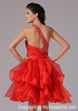 Pick-ups One Shoulder Beaded Organza Prom Cutout Back Cocktail Dress