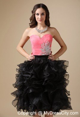 Pink and Black Sweetheart Organza Beading Tea-length Cocktail Dress