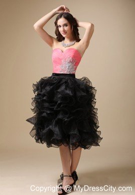 Pink and Black Sweetheart Organza Beading Tea-length Cocktail Dress