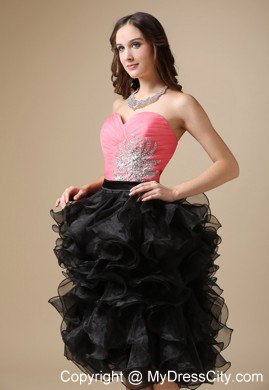 Pink and Black Sweetheart Organza Beading Tea-length Cocktail Dress