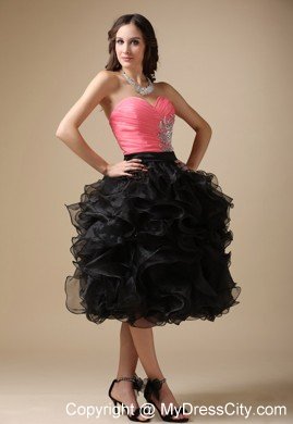 Pink and Black Sweetheart Organza Beading Tea-length Cocktail Dress