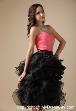 Pink and Black Sweetheart Organza Beading Tea-length Cocktail Dress