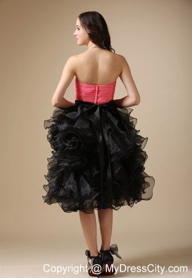 Pink and Black Sweetheart Organza Beading Tea-length Cocktail Dress