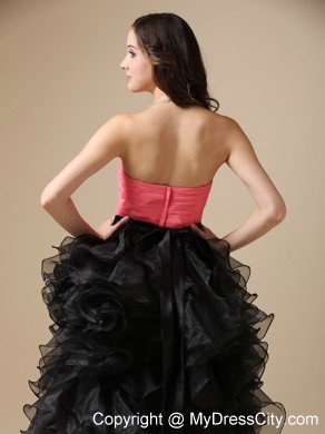 Pink and Black Sweetheart Organza Beading Tea-length Cocktail Dress