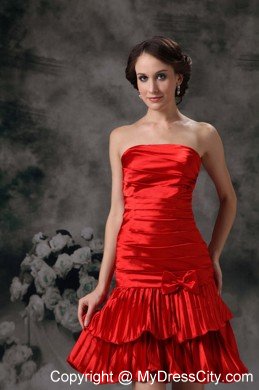 Ruche Mini-length Strapless Bowknot Red Cocktail Dress Made by Taffeta