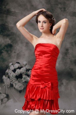 Ruche Mini-length Strapless Bowknot Red Cocktail Dress Made by Taffeta