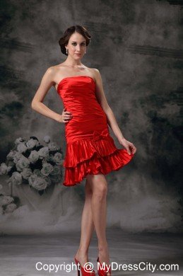 Ruche Mini-length Strapless Bowknot Red Cocktail Dress Made by Taffeta