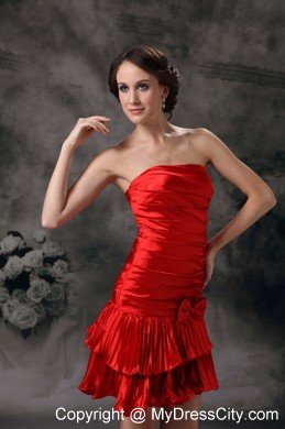 Ruche Mini-length Strapless Bowknot Red Cocktail Dress Made by Taffeta