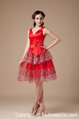 Bowknot V-neck Beading Knee-length Layered Satin Prom Cocktail Dress