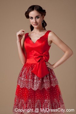 Bowknot V-neck Beading Knee-length Layered Satin Prom Cocktail Dress