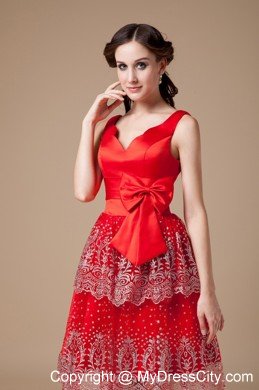 Bowknot V-neck Beading Knee-length Layered Satin Prom Cocktail Dress