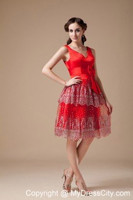 Bowknot V-neck Beading Knee-length Layered Satin Prom Cocktail Dress