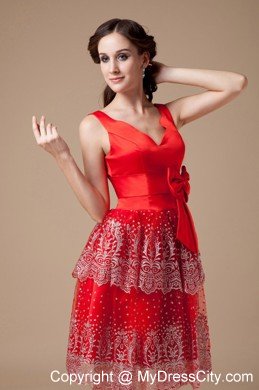 Bowknot V-neck Beading Knee-length Layered Satin Prom Cocktail Dress