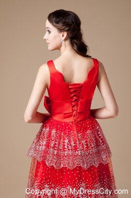 Bowknot V-neck Beading Knee-length Layered Satin Prom Cocktail Dress