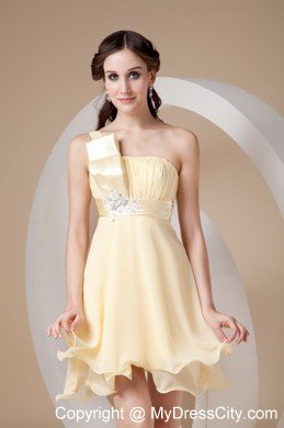 Light Yellow Strapless Short Beaded Cocktail Dress Has Curly Hem