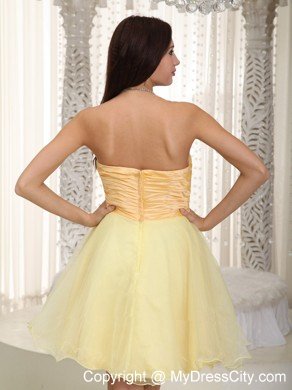 Light Yellow Strapless Mini-length Organza Ruches Cocktail Dresses