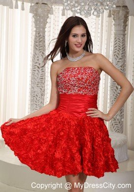 Red A-line Princess Fabric With Rolling Flower Beading Cocktail Dress