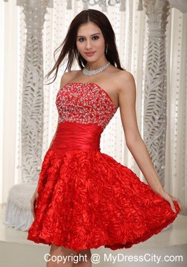 Red A-line Princess Fabric With Rolling Flower Beading Cocktail Dress