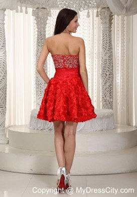 Red A-line Princess Fabric With Rolling Flower Beading Cocktail Dress