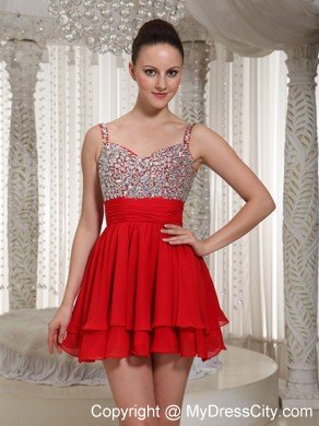 Red Chiffon Spaghetti Straps Beading Girls Cocktail Dresses