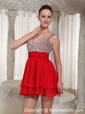 Red Chiffon Spaghetti Straps Beading Girls Cocktail Dresses