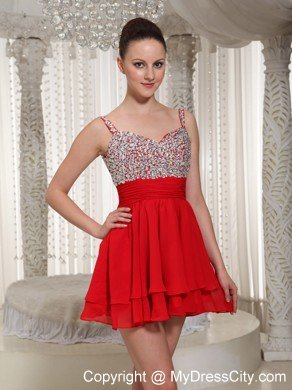 Red Chiffon Spaghetti Straps Beading Girls Cocktail Dresses