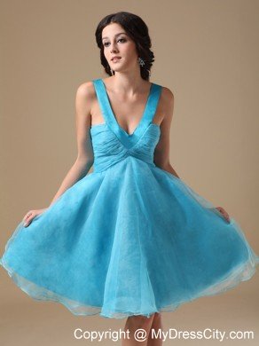 Aqua Blue V-neck Knee-length Organza Ruches Cocktails Dresses