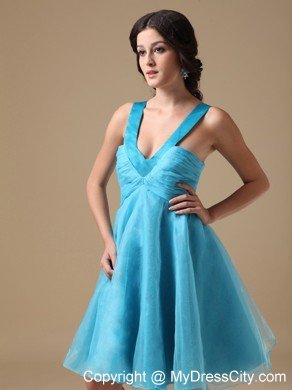 Aqua Blue V-neck Knee-length Organza Ruches Cocktails Dresses