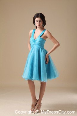 Aqua Blue V-neck Knee-length Organza Ruches Cocktails Dresses