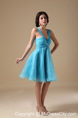 Aqua Blue V-neck Knee-length Organza Ruches Cocktails Dresses