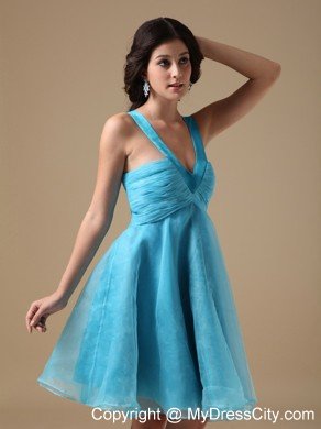 Aqua Blue V-neck Knee-length Organza Ruches Cocktails Dresses