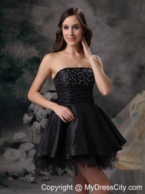 Beautiful Black A-line Strapless Prom Cocktail Dress Taffeta and Tulle