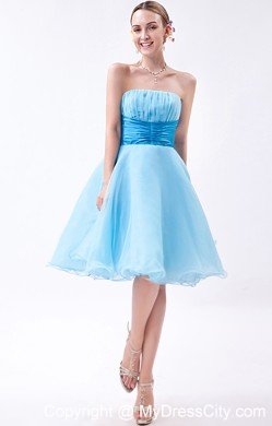 Baby Blue A-line Strapless Cocktail Dress Organza with Ruches