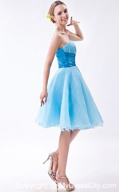 Baby Blue A-line Strapless Cocktail Dress Organza with Ruches