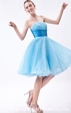 Baby Blue A-line Strapless Cocktail Dress Organza with Ruches