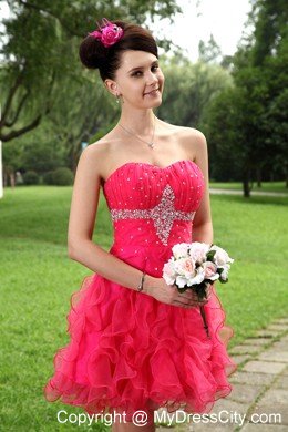 Hot Pink A-line Sweetheart Ruffles Beading Evening Cocktail Dress